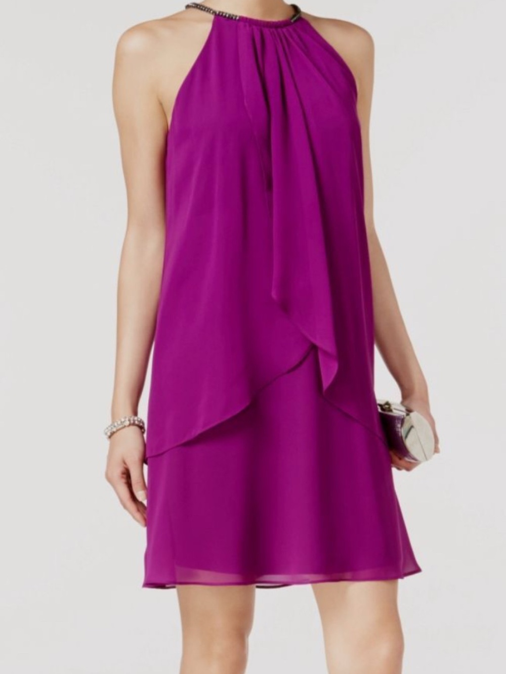 SLNY Halter Overlay Mini Dress in Magenta size 12